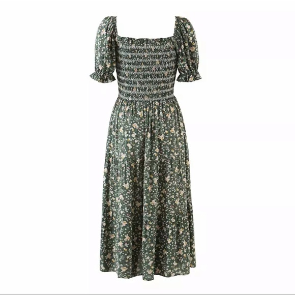 Cottagecore floral print boho dress green shirred - Picture 3 of 8
